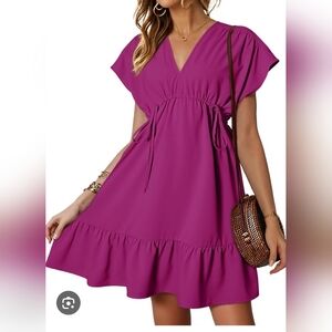 2024 Summer Women's Babydoll Dresses Short Sleeve V Neck Drawstring Casual Solid